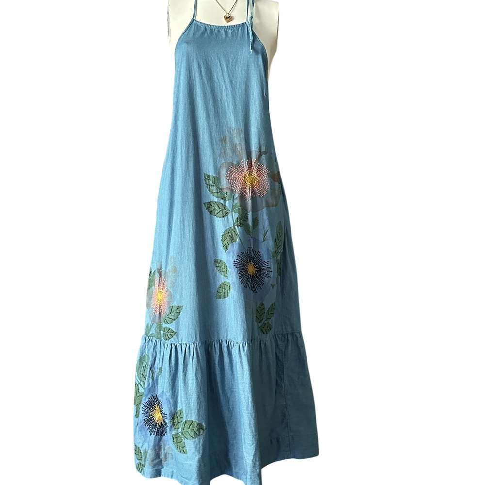 Anthropologie Pilcro Chambray Halter Embroidered Denim Midi Dress.  S EUC - Picture 9 of 13